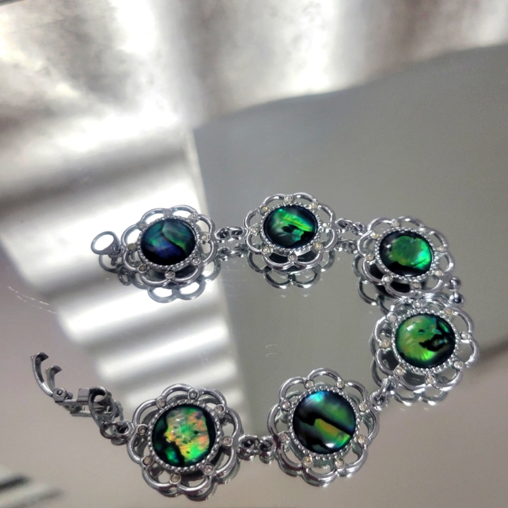 80s Stainless steel floral bracelet with green abalone shell and cubic zirconia
